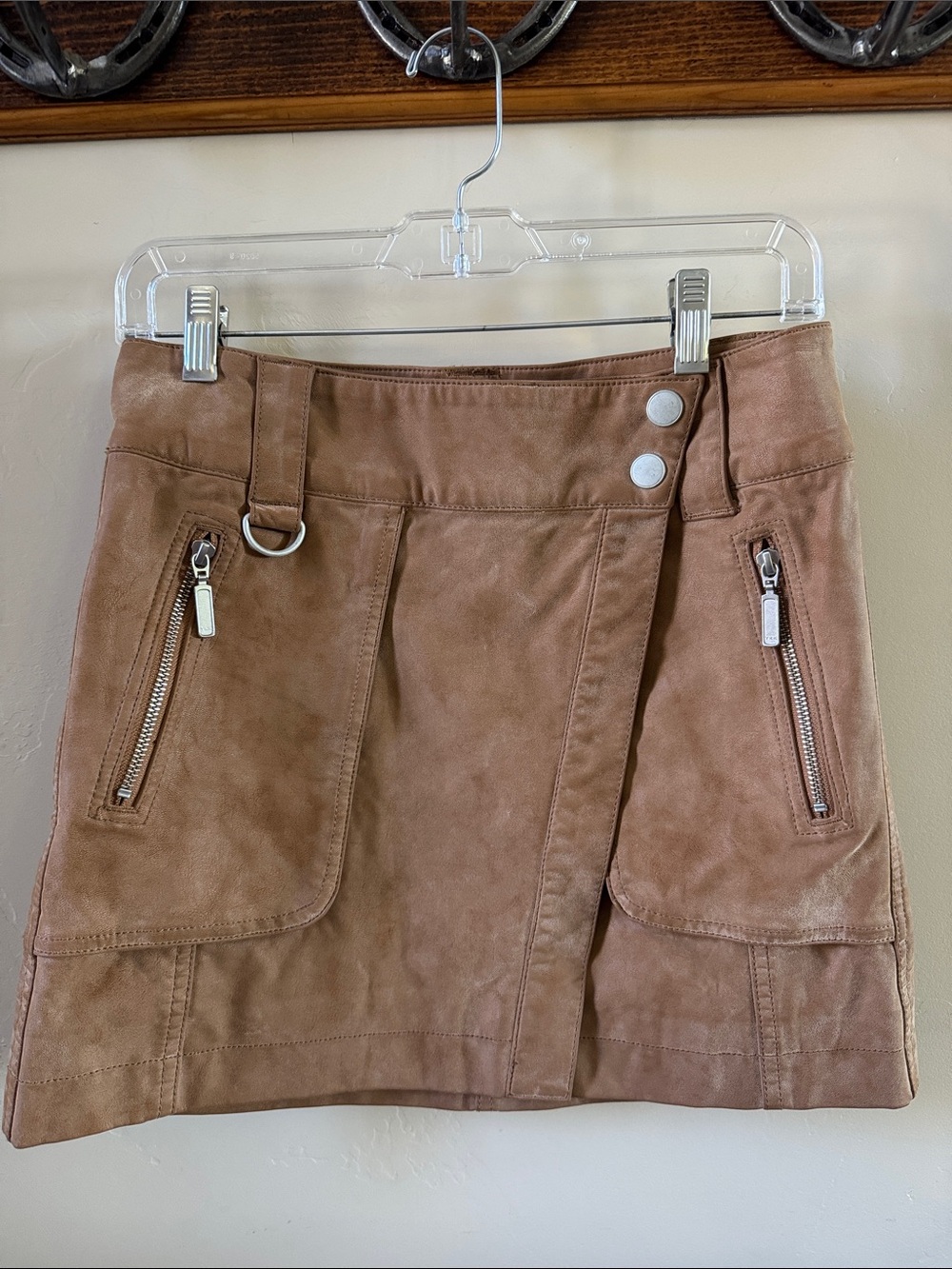 Free People Tan Faux Suede Mini Skirt with Front Zips